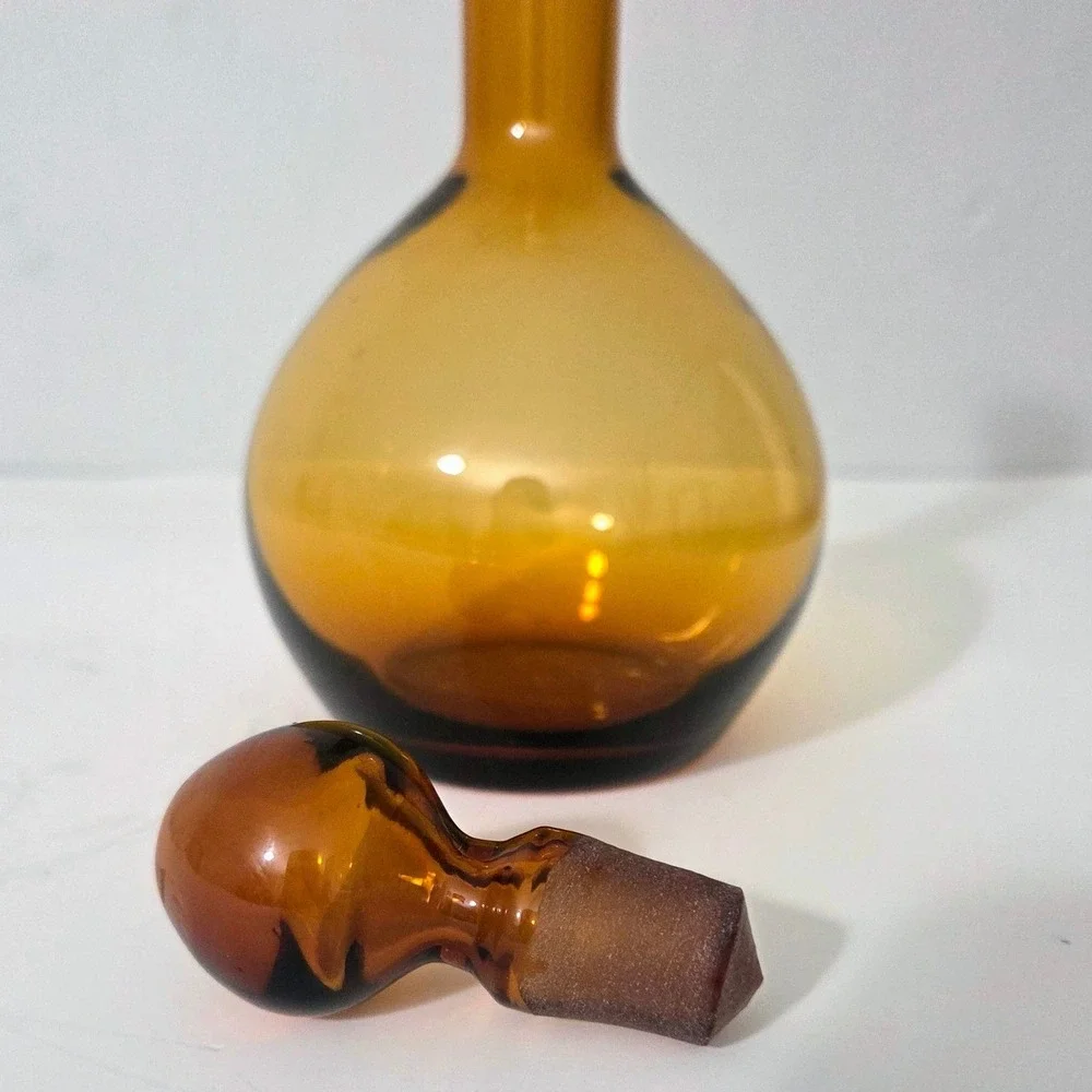 Vintage Amber Glass Decanter w/ Stopper Mid Century Modern Bottle Amber Retro